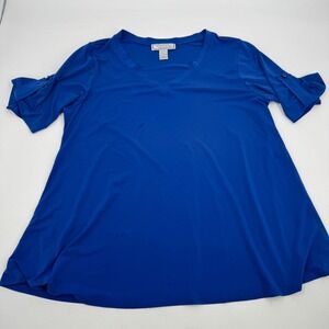 SIMONTON Says Women's Royal Blue V Neck Roll Tab Sleeve Tunic Top Size L
